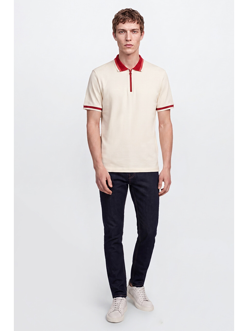Erkek Ekru-bordo Regular Fit Geniş Kesim Polo Yaka %100 Pamuk Tişört-1