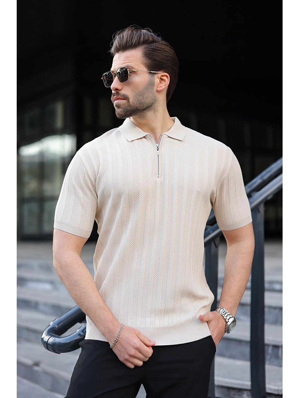 Bej Taş Rengi Yarım Fermuarlı Polo Yaka Erkek Triko Tişört E7458-3