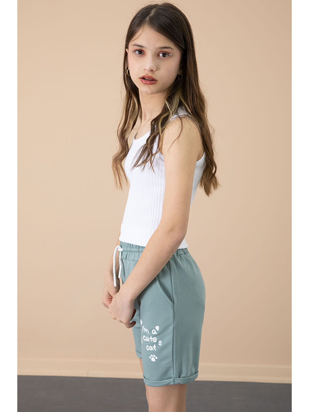 Yeşil Patili Cute Baskılı Kız Çocuk Beli Lastikli Şort 20730-1