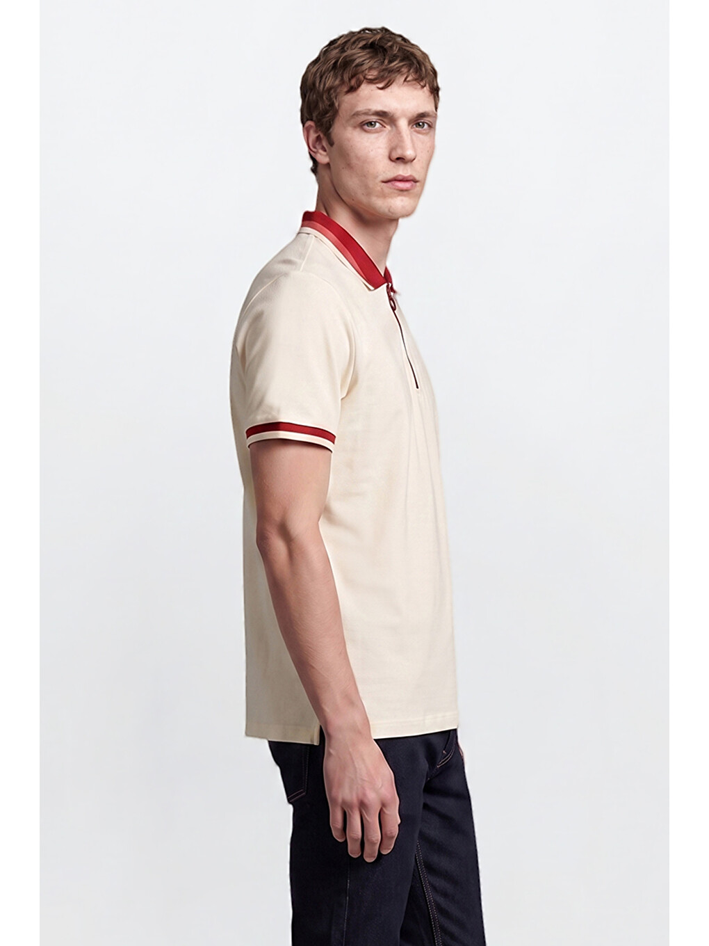 Erkek Ekru-bordo Regular Fit Geniş Kesim Polo Yaka %100 Pamuk Tişört-2