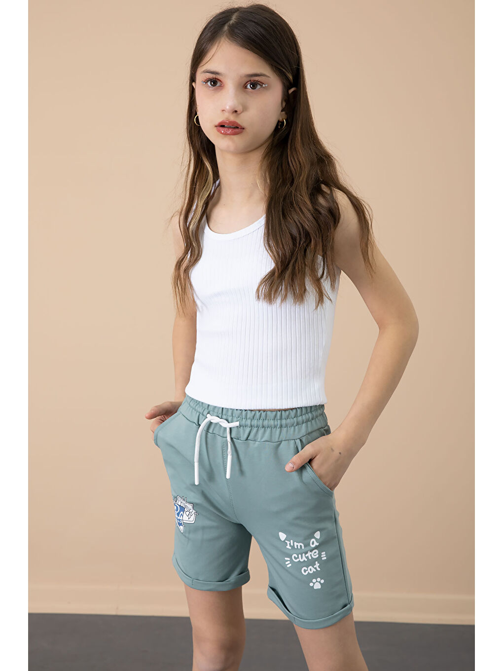 Yeşil Patili Cute Baskılı Kız Çocuk Beli Lastikli Şort 20730-2