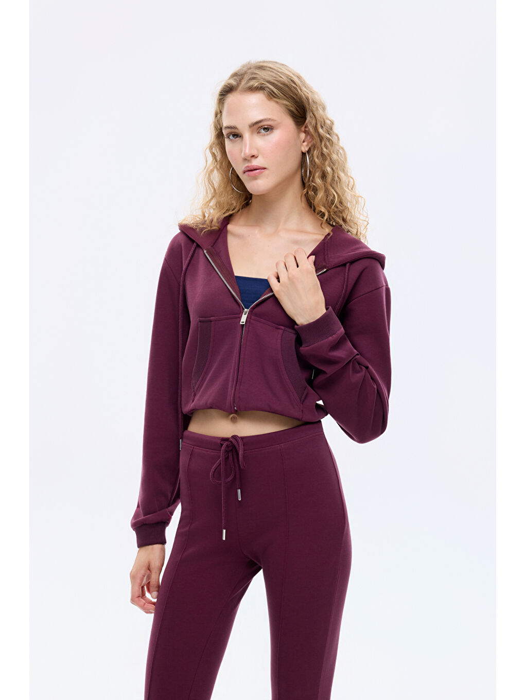 Kapüşonlu Fermuarlı Basic Sweatshirt Bordo-3