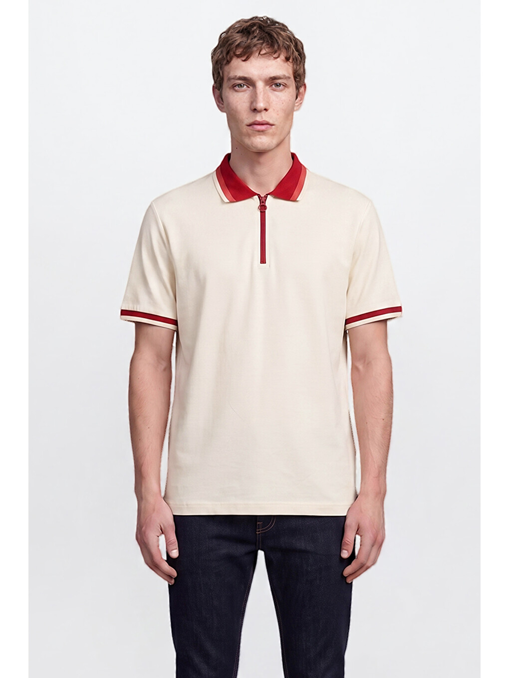 Erkek Ekru-bordo Regular Fit Geniş Kesim Polo Yaka %100 Pamuk Tişört-3
