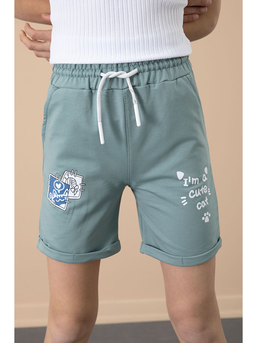 Yeşil Patili Cute Baskılı Kız Çocuk Beli Lastikli Şort 20730-3