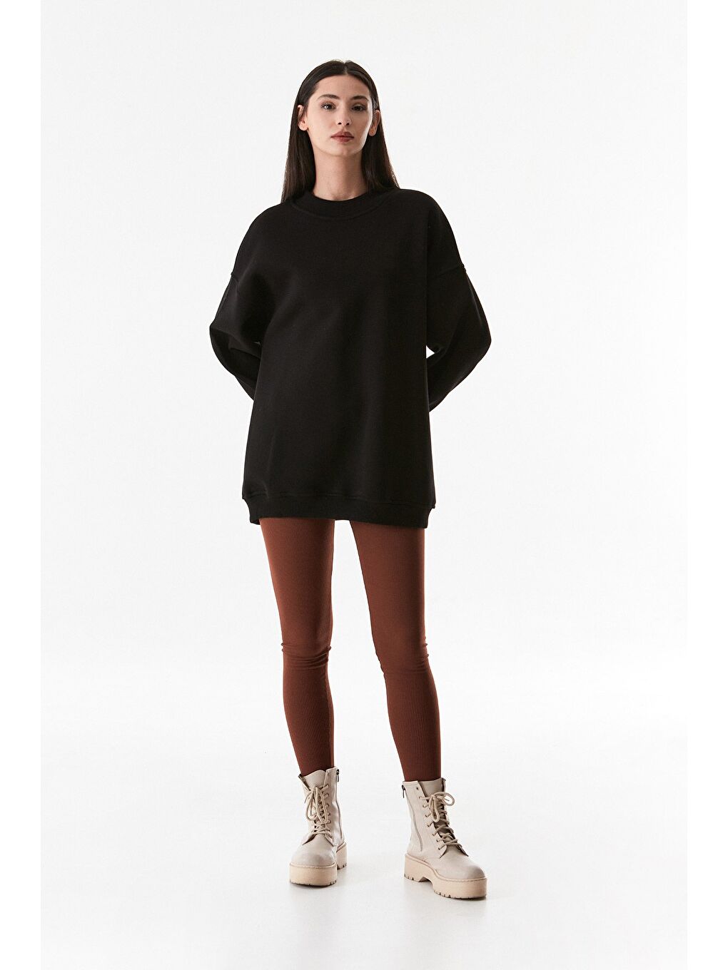 Fullamoda Siyah 3 İplik Basic Bisiklet Yaka Oversize Sweatshirt - 1