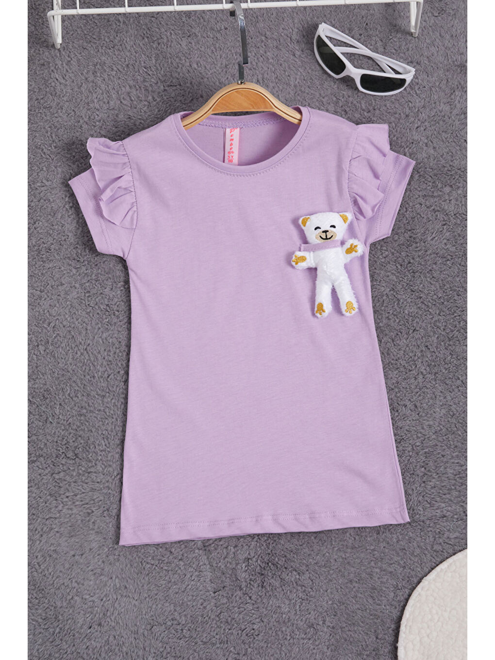 Lila Pelüş Ayıcıklı Fırfırlı Kız Çocuk T-shirt 15536