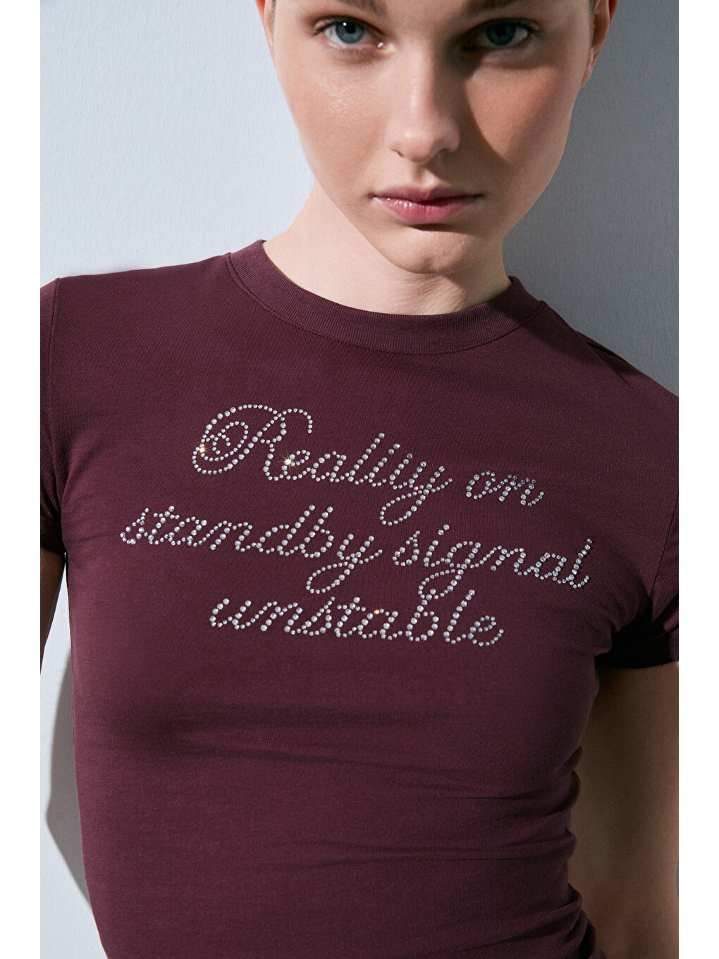 Bordo VANYROSE Kadın Yumuşak Kumaşlı %100 Pamuk Taş Detaylı Slim Fit BORDO T-Shirt-1
