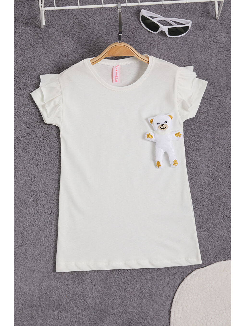 Beyaz Pelüş Ayıcıklı Fırfırlı Kız Çocuk T-shirt 15537