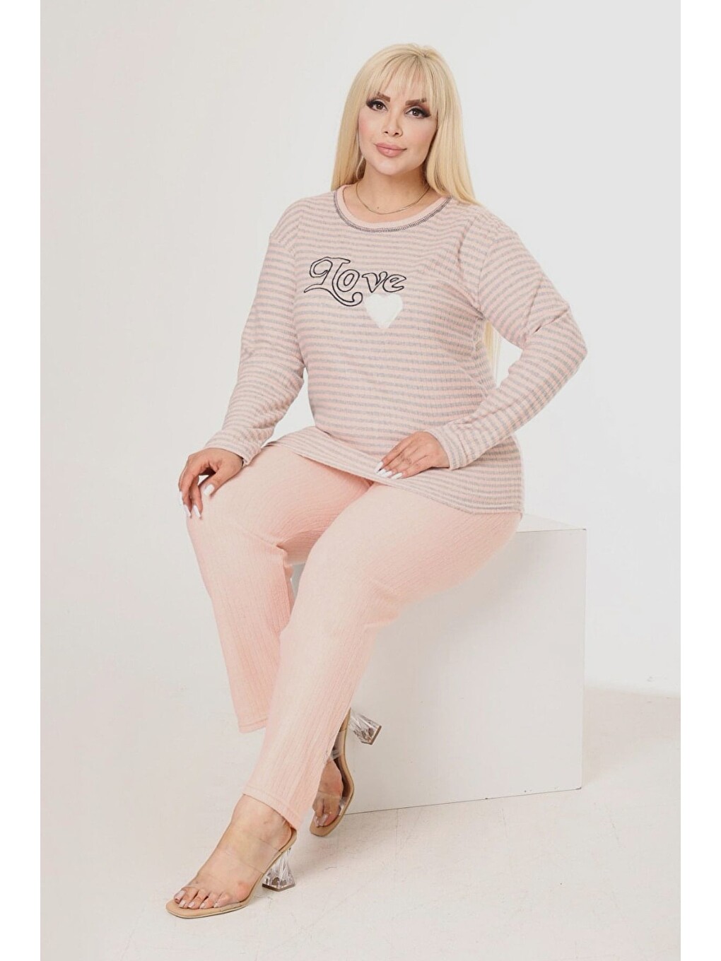Pembe Beautiful Baskılı Büyük Beden Pijama Takımı