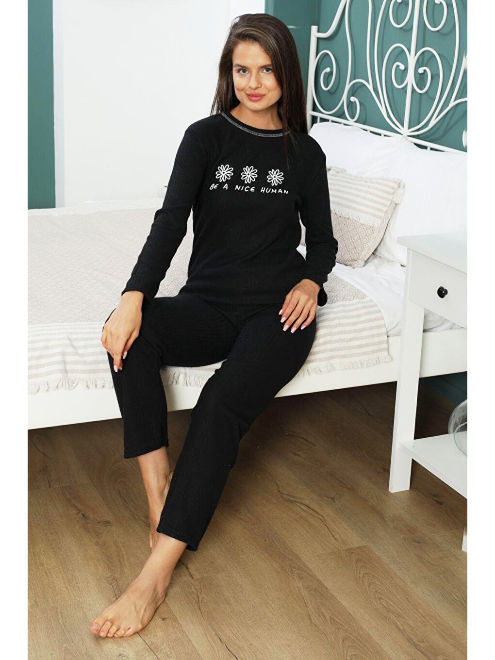Siyah Beautiful Baskılı Büyük Beden Pijama Takımı-1