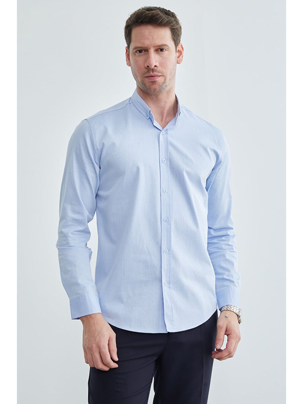 Mavi Çizgili Keten Görünümlü Gömlek-1