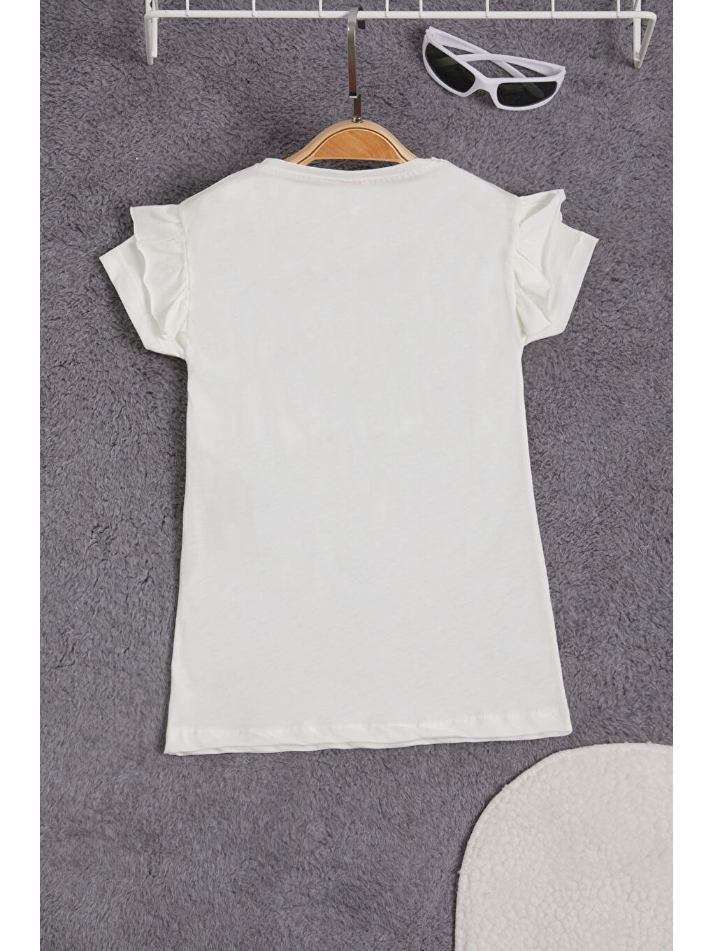 Beyaz Pelüş Ayıcıklı Fırfırlı Kız Çocuk T-shirt 15537-1