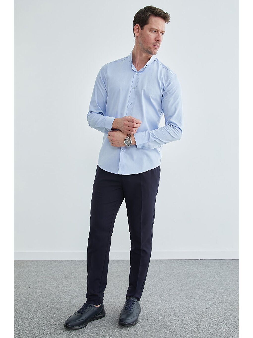 Mavi Çizgili Keten Görünümlü Gömlek-2