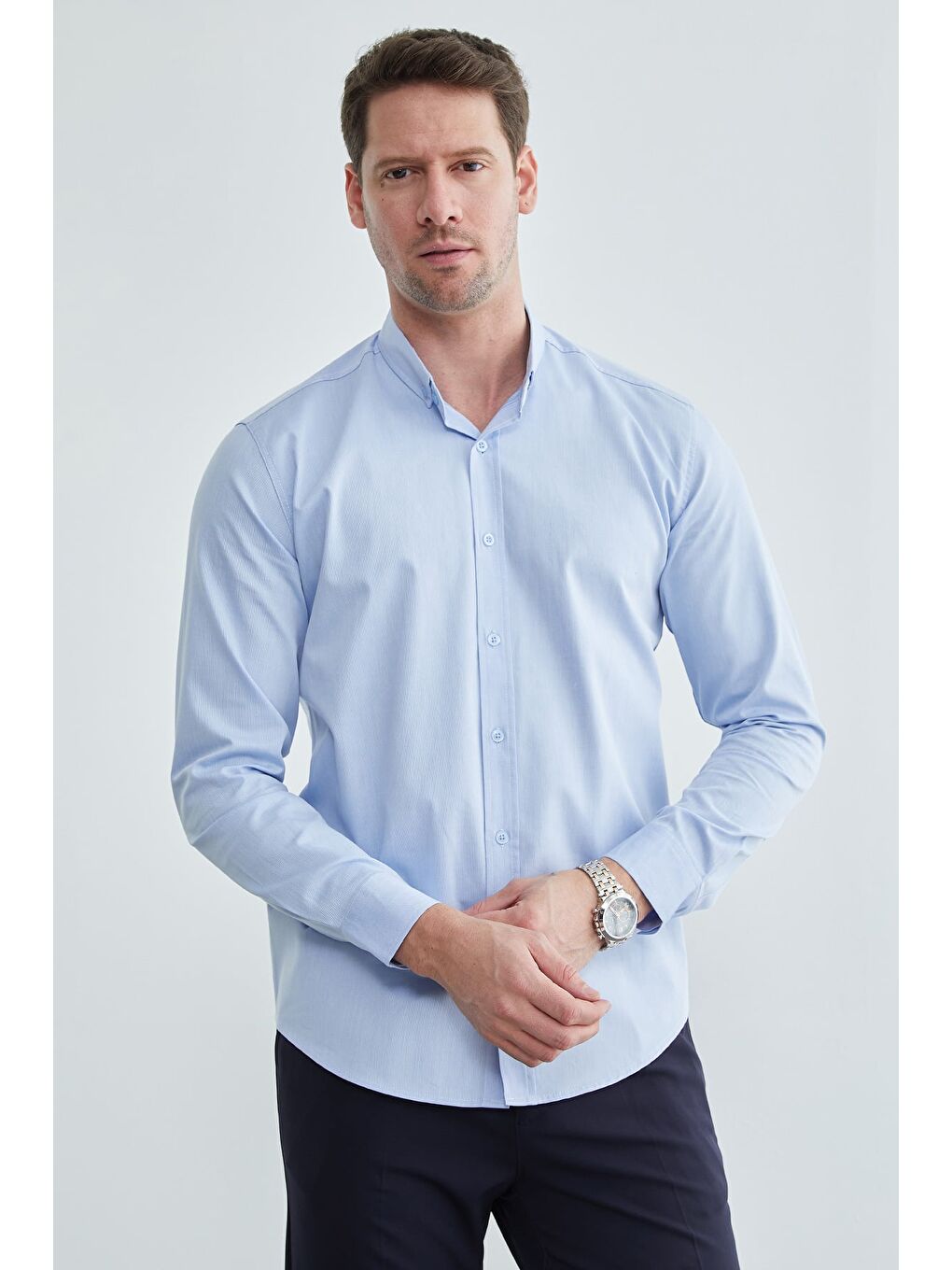 Mavi Çizgili Keten Görünümlü Gömlek-3