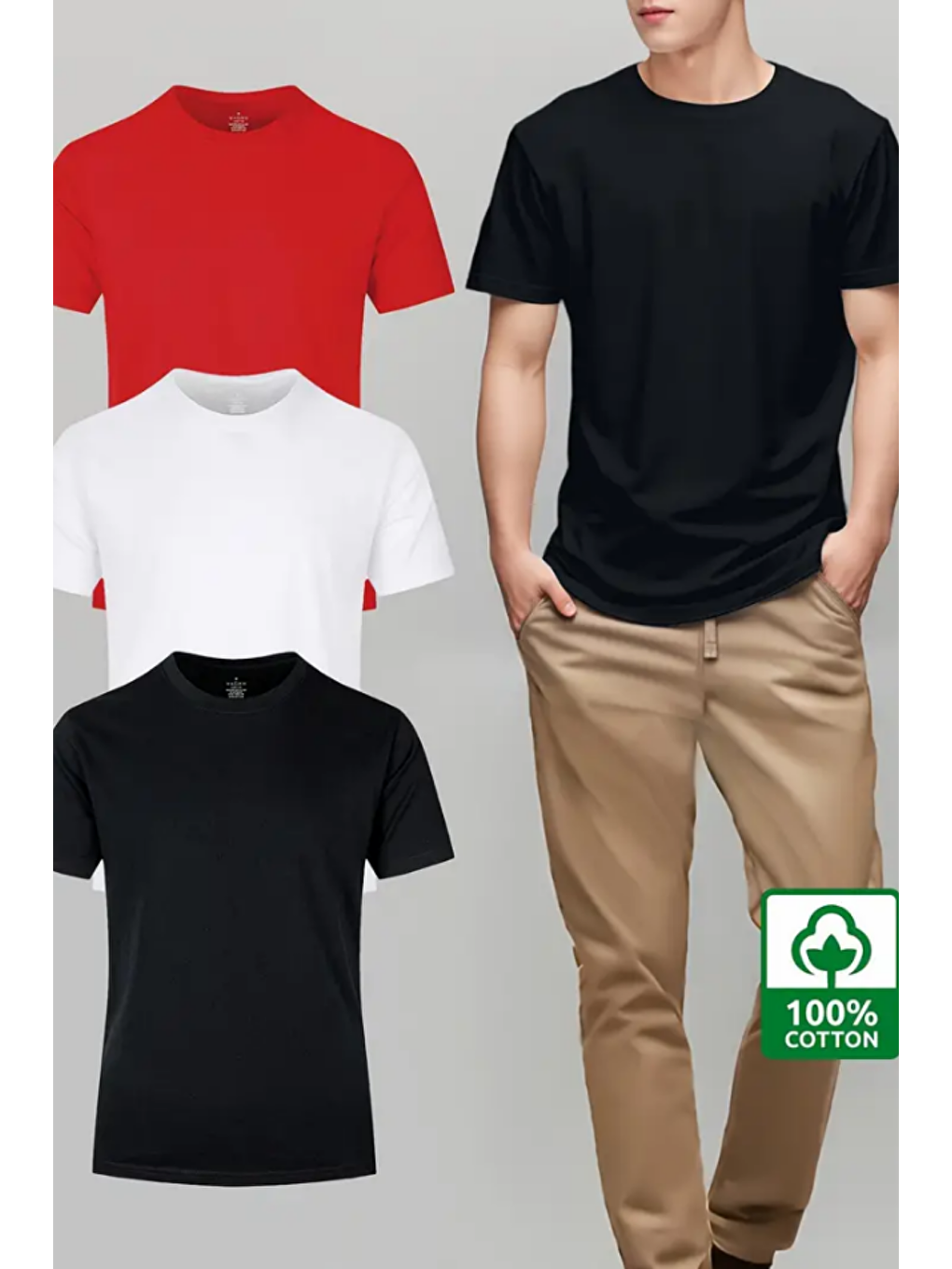 Karışık Beyaz Siyah Kırmızı  3'lü Basic Bisiklet Yaka T-shirt