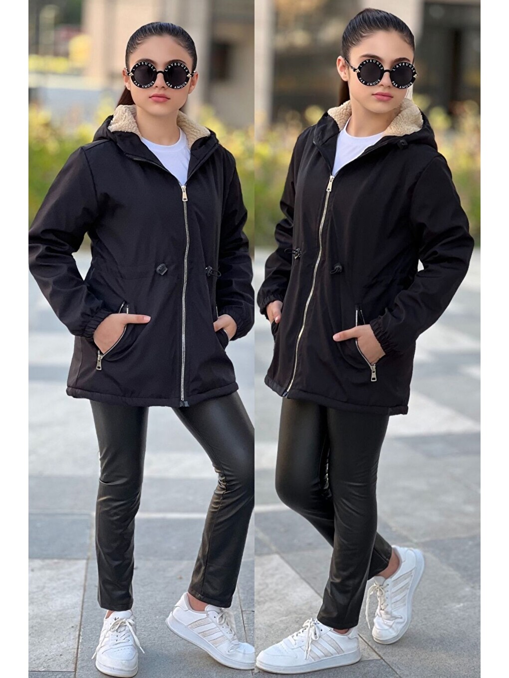 Siyah Kız Çocuk Renkli Kapüşonlu Cepli Beli Büzgülü Bondik Kumaş Kışlık Mont Km4020-7