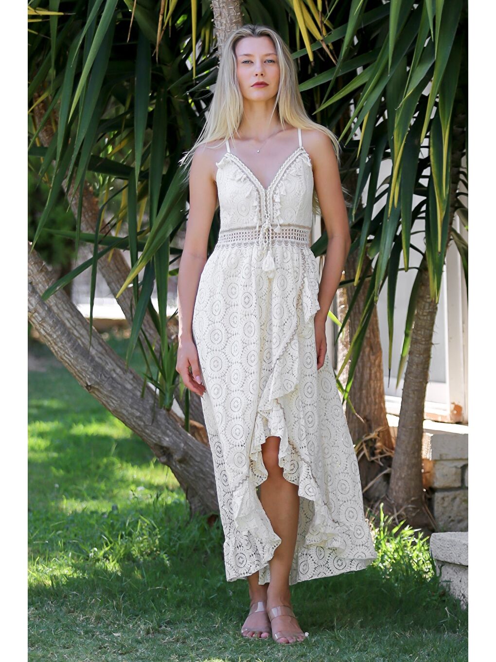 Ekru İtalyan Krem V Yaka Askılı Astarlı Anvelop Etek Fistolu Pamuklu Dokuma Casual Elbise-3