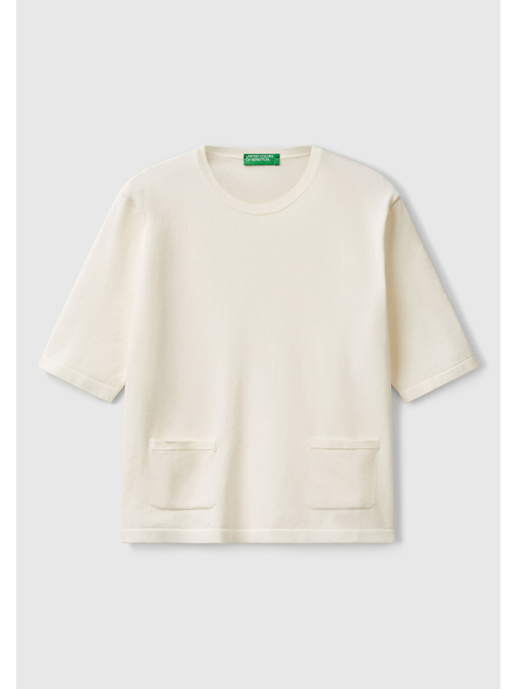 Ekru Kadın Krem Streç Kumaşlı Önü Cepli Relax Fit Bisiklet Yaka Kazak-1