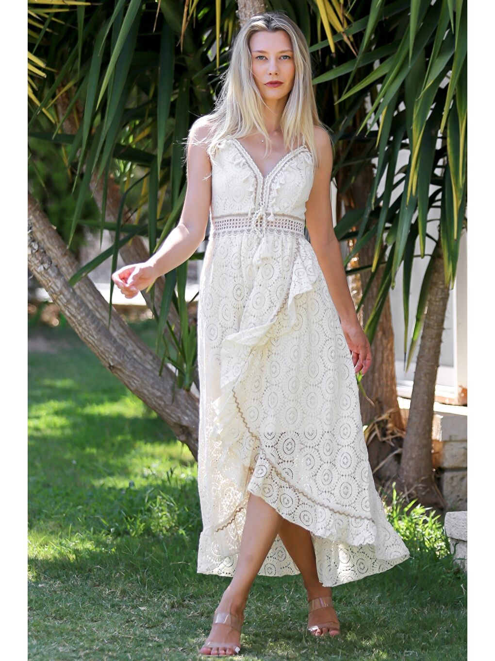 Ekru İtalyan Krem V Yaka Askılı Astarlı Anvelop Etek Fistolu Pamuklu Dokuma Casual Elbise-4