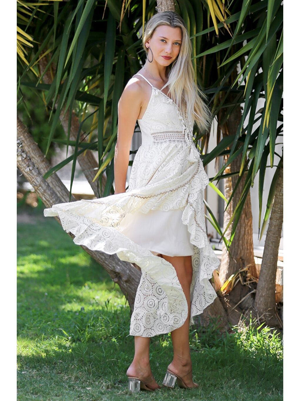 Ekru İtalyan Krem V Yaka Askılı Astarlı Anvelop Etek Fistolu Pamuklu Dokuma Casual Elbise-7