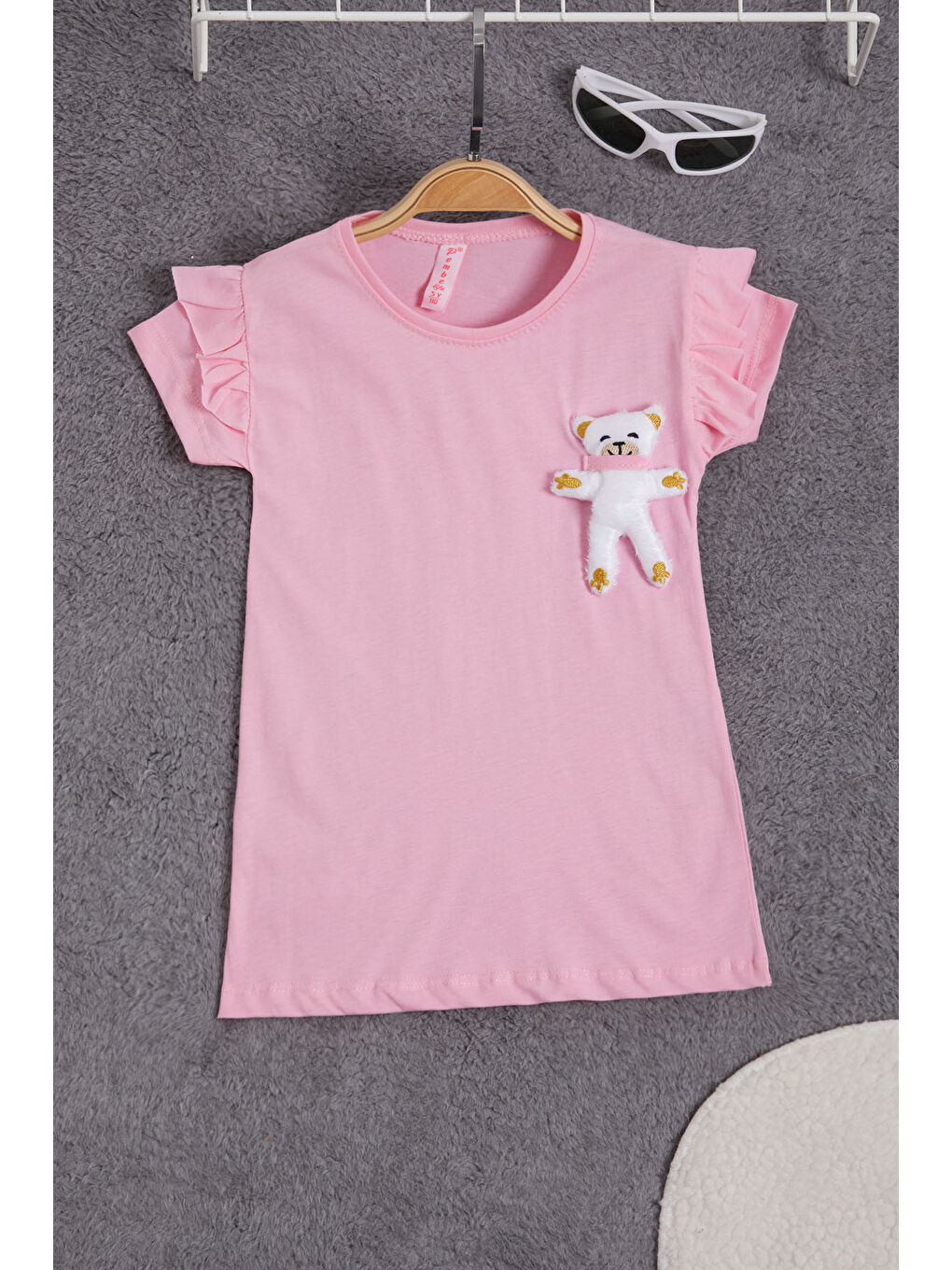 Pembe Pelüş Ayıcıklı Fırfırlı Kız Çocuk T-shirt 15538