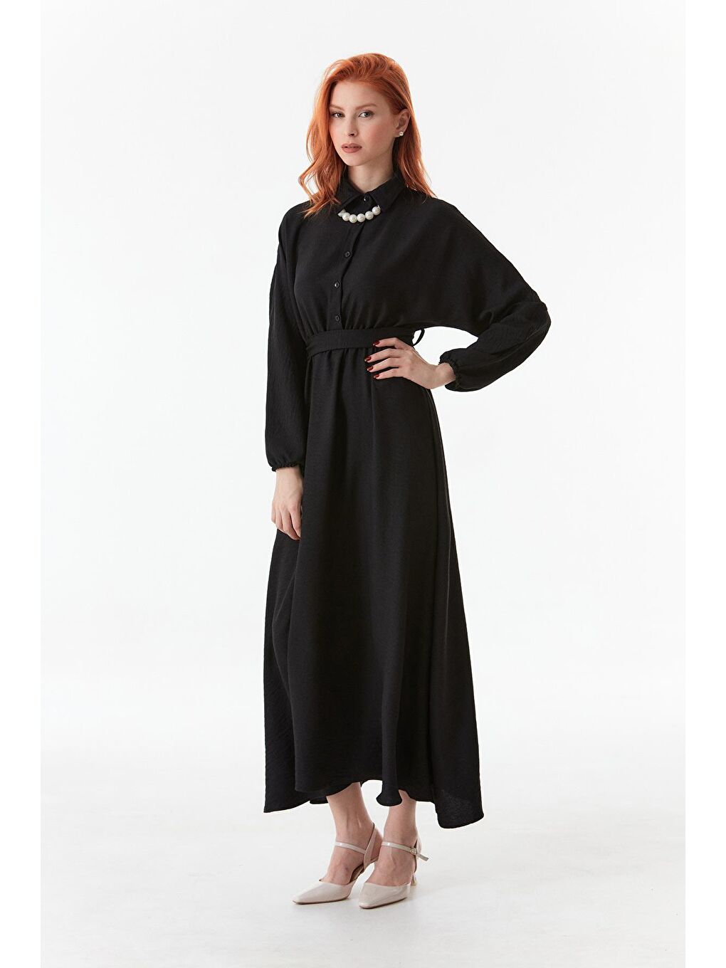 Siyah Kuşaklı Gömlek Yaka Elbise-3