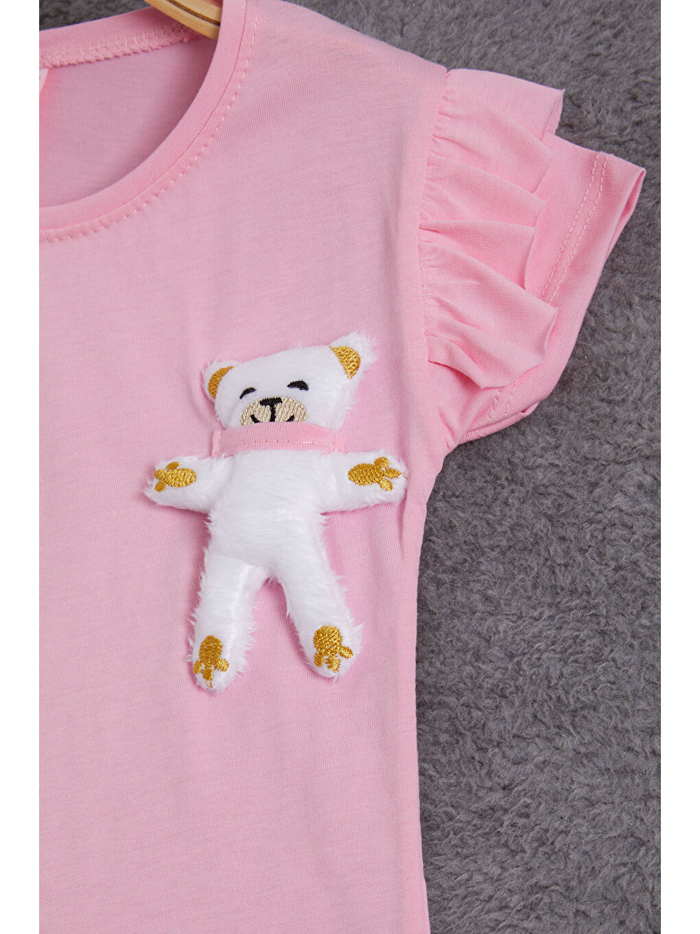 Pembe Pelüş Ayıcıklı Fırfırlı Kız Çocuk T-shirt 15538-1