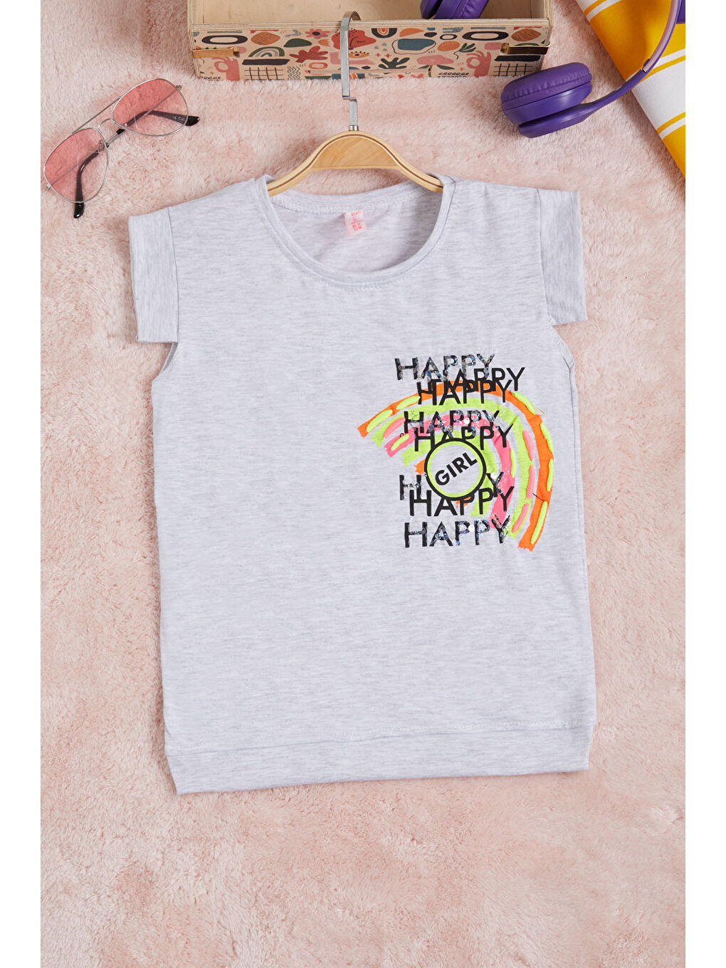 Gri Nakışlı Kız Çocuk Tişört 15567