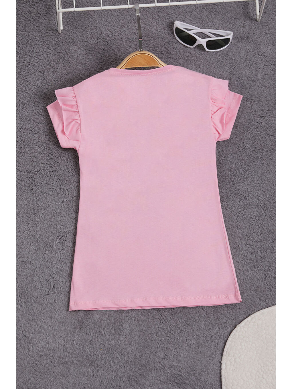 Pembe Pelüş Ayıcıklı Fırfırlı Kız Çocuk T-shirt 15538-2