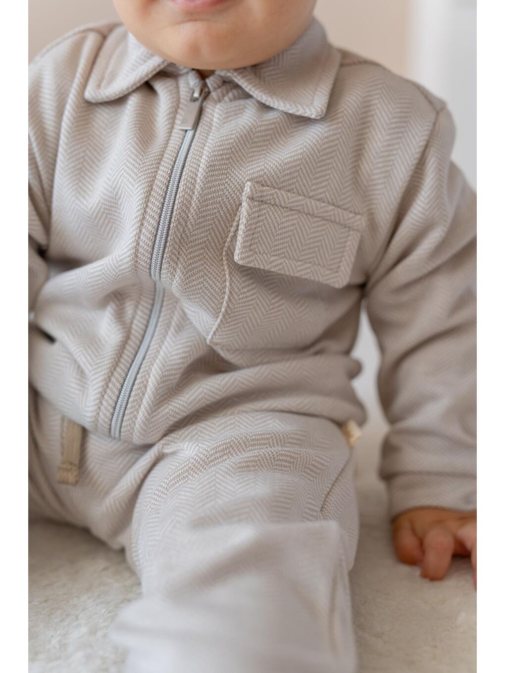 Erkek Bebek Fermuarlı Örme Ceket - Bej-1