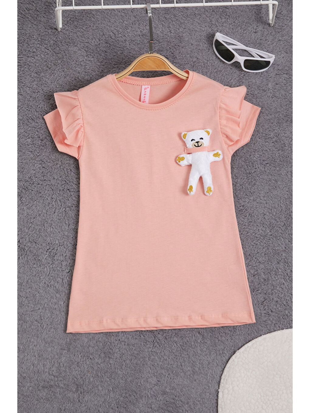 Pembe Somon Pelüş Ayıcıklı Fırfırlı Kız Çocuk T-shirt 15539