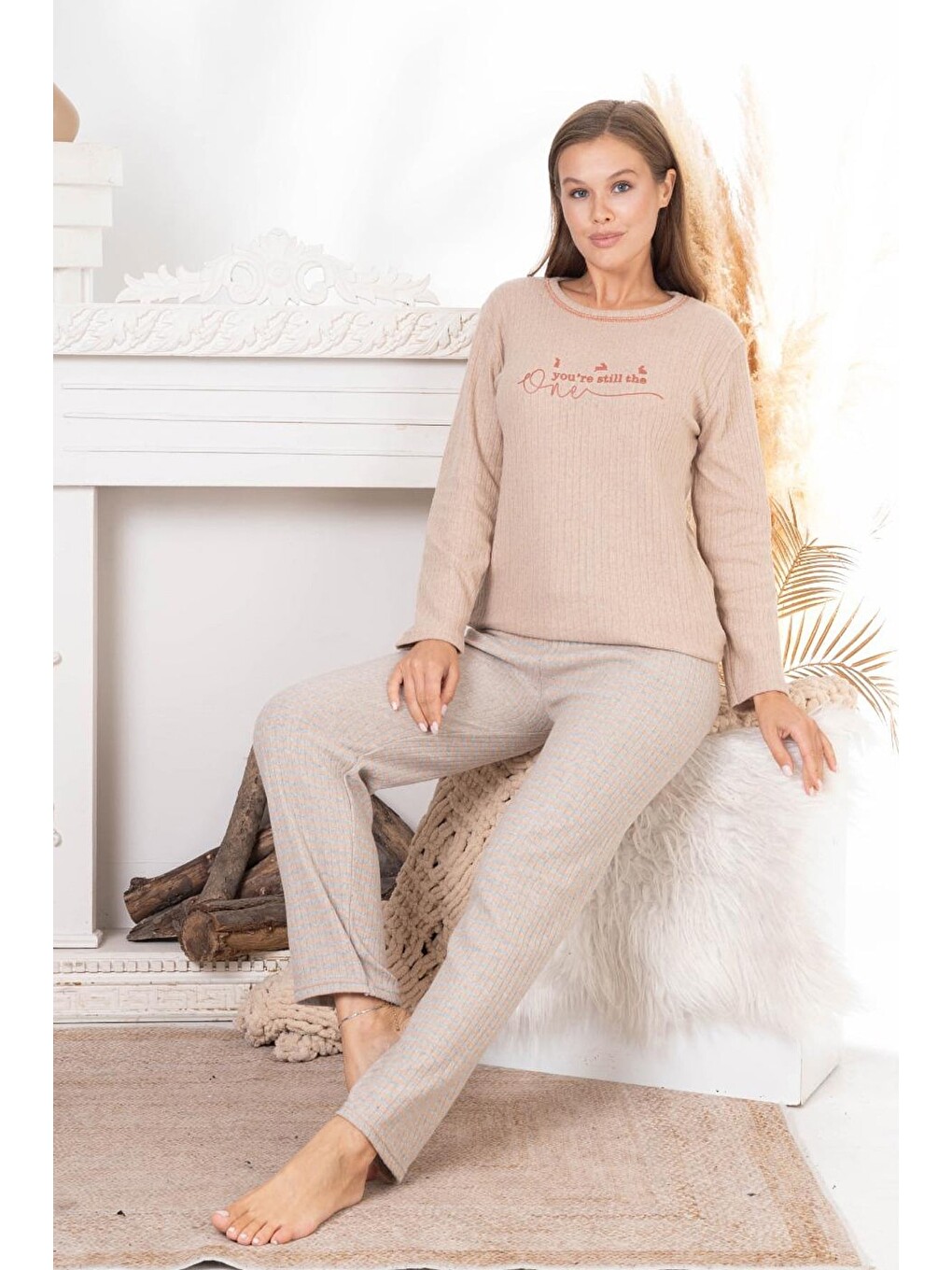 Bej Perfect Bisiklet Yaka Pijama Takımı-1