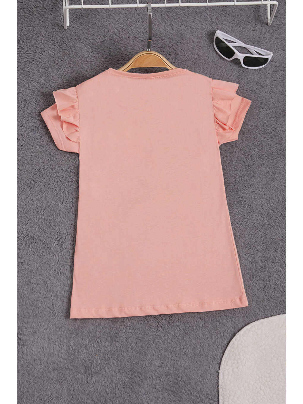 Pembe Somon Pelüş Ayıcıklı Fırfırlı Kız Çocuk T-shirt 15539-1