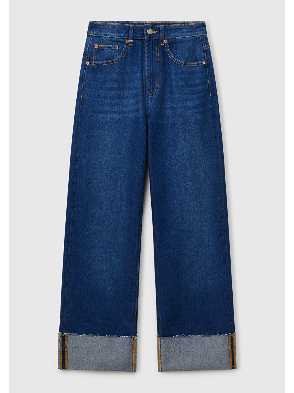 Kadın Koyu Mavi Pamuk Karışımlı 5 Cepli Yüksek Bel Wide Leg Denim Pantolon-1