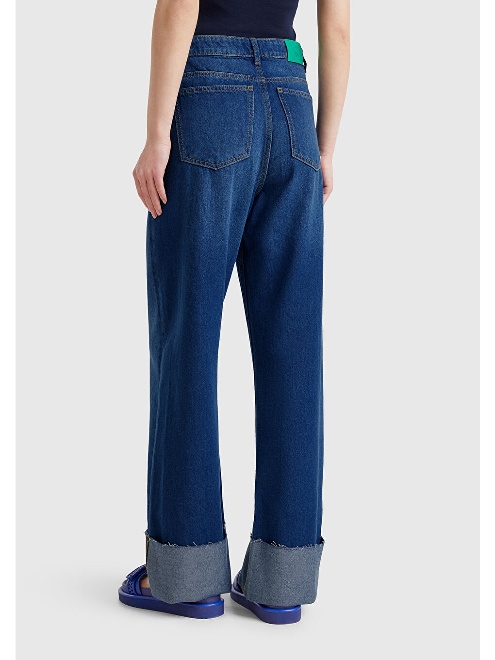 Kadın Koyu Mavi Pamuk Karışımlı 5 Cepli Yüksek Bel Wide Leg Denim Pantolon-2