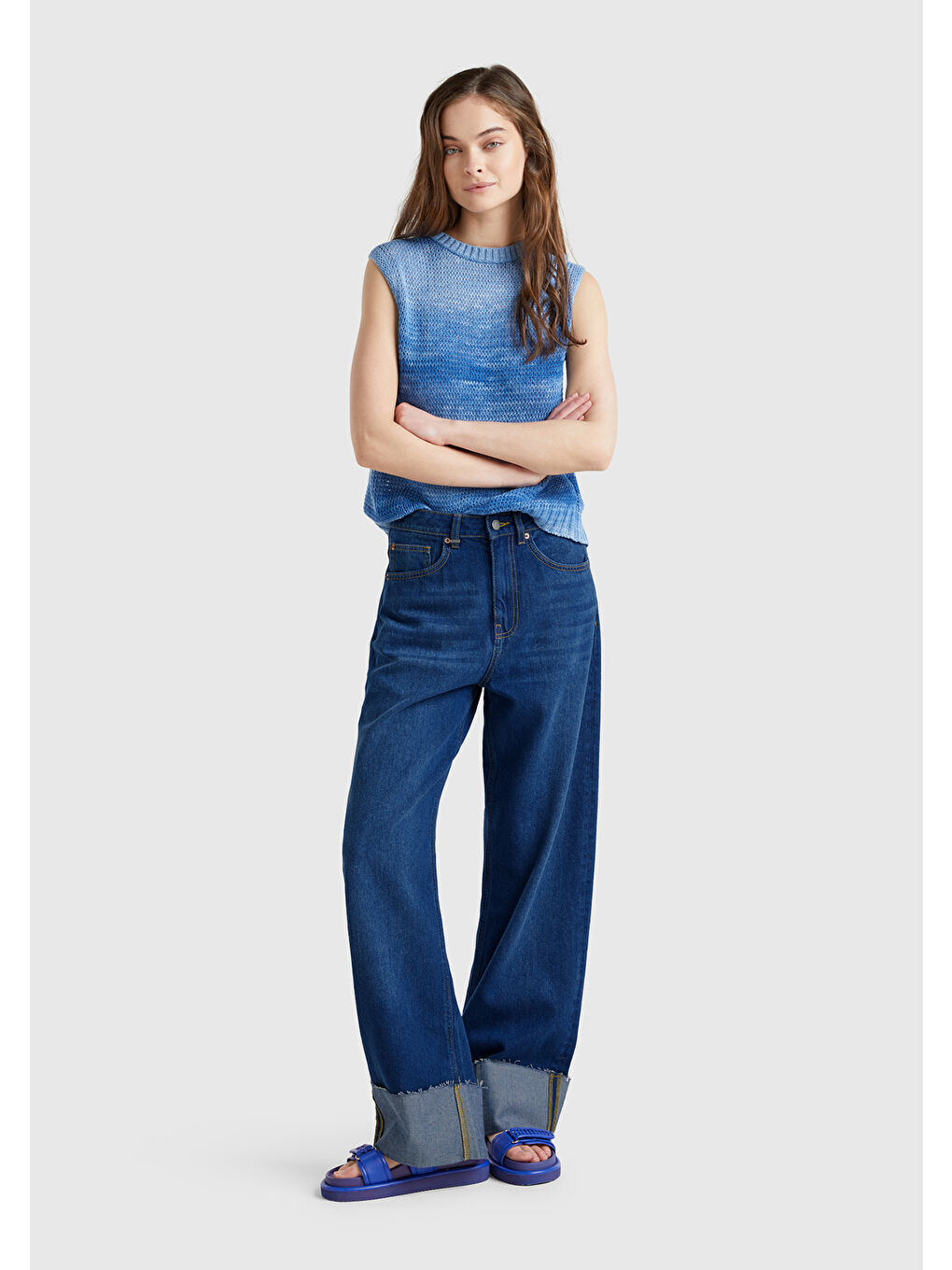 Kadın Koyu Mavi Pamuk Karışımlı 5 Cepli Yüksek Bel Wide Leg Denim Pantolon-4