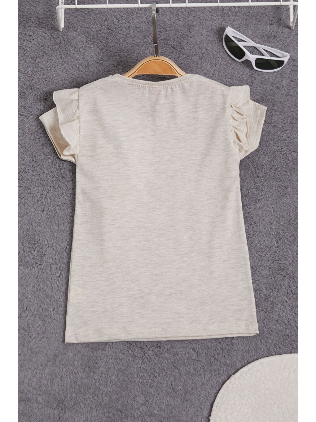 Ekru Krem Pelüş Ayıcıklı Fırfırlı Kız Çocuk T-shirt 15535-1