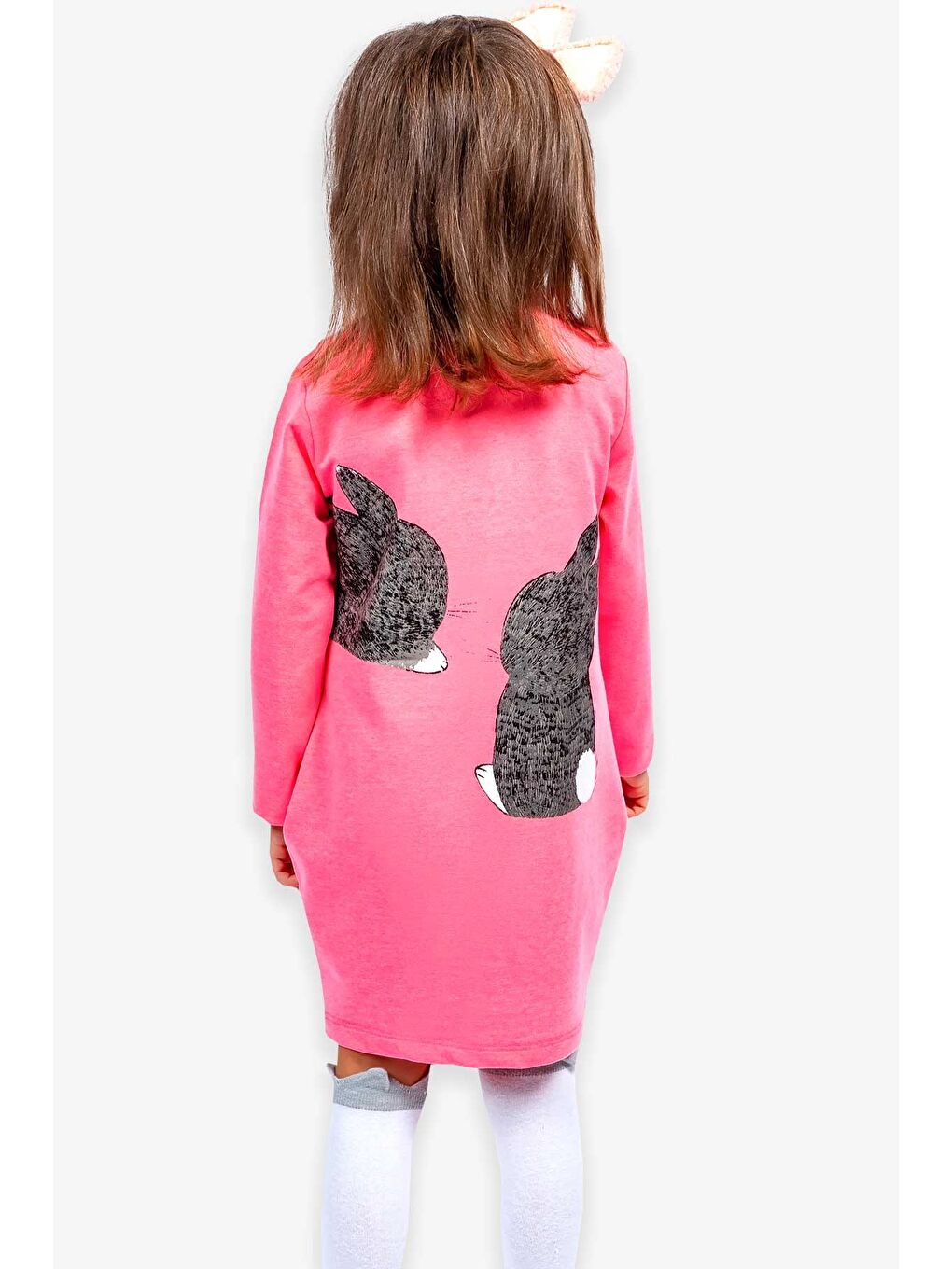 Beyaz Kız Çocuk Tunik Tavşan Desenli Neon Pembe (1.5-2 Yaş)-1