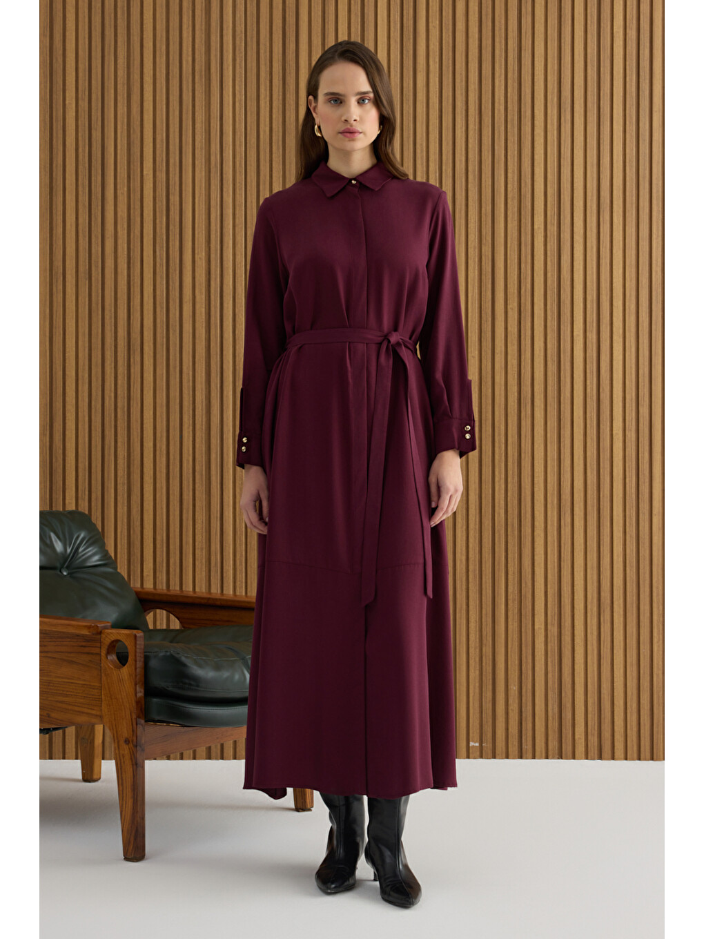 Bordo Lyocell Elbise-2