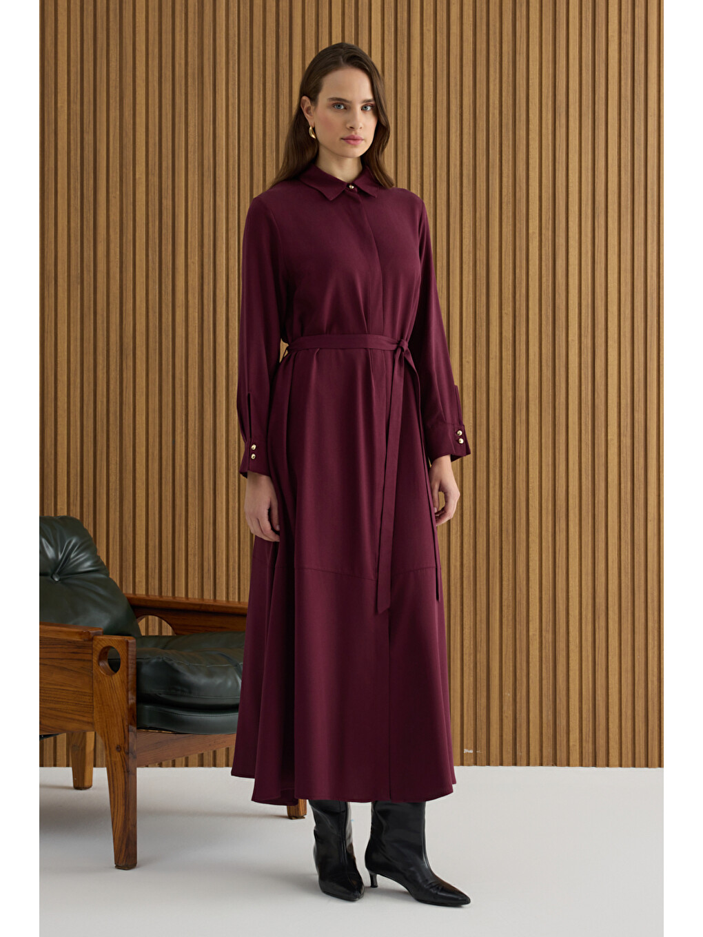 Bordo Lyocell Elbise-3