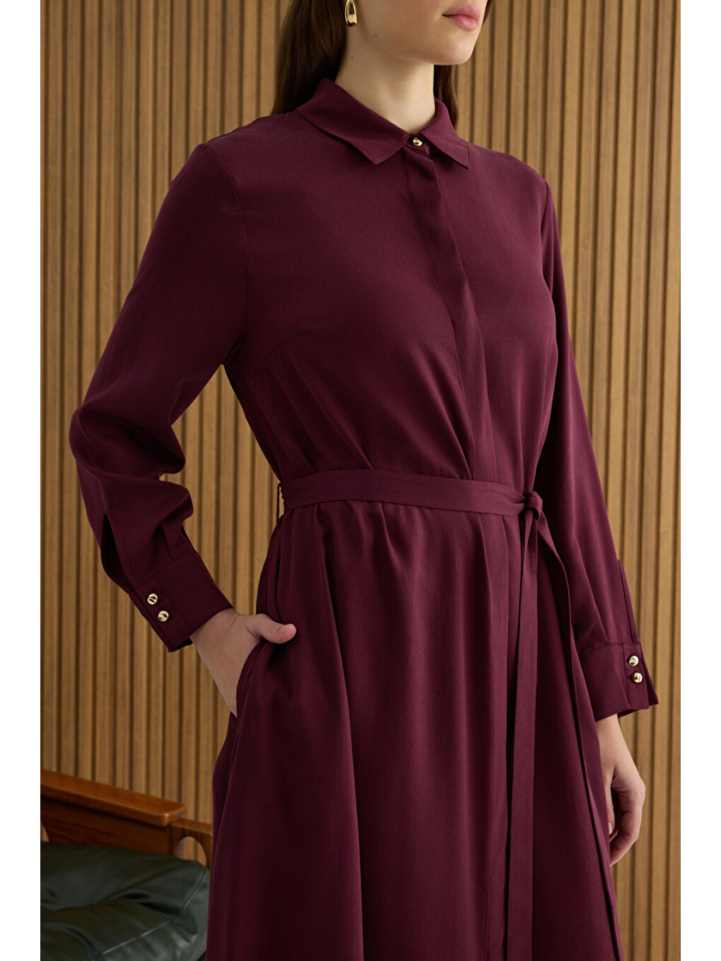 Bordo Lyocell Elbise-4