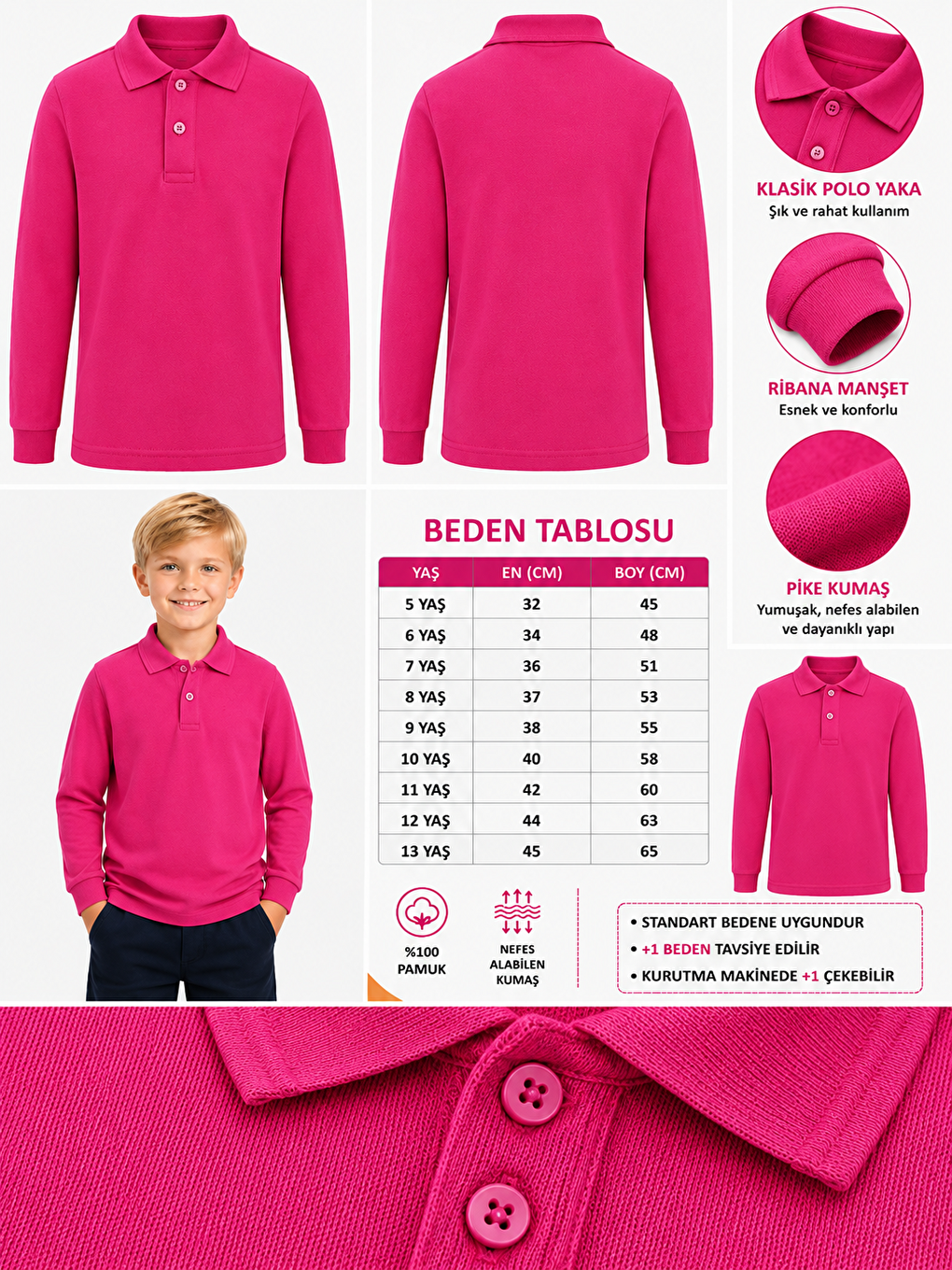 Fuşya Kids Polo Yaka Basic Uzun Kollu Unisex Erkek Çocuk Tişört-1