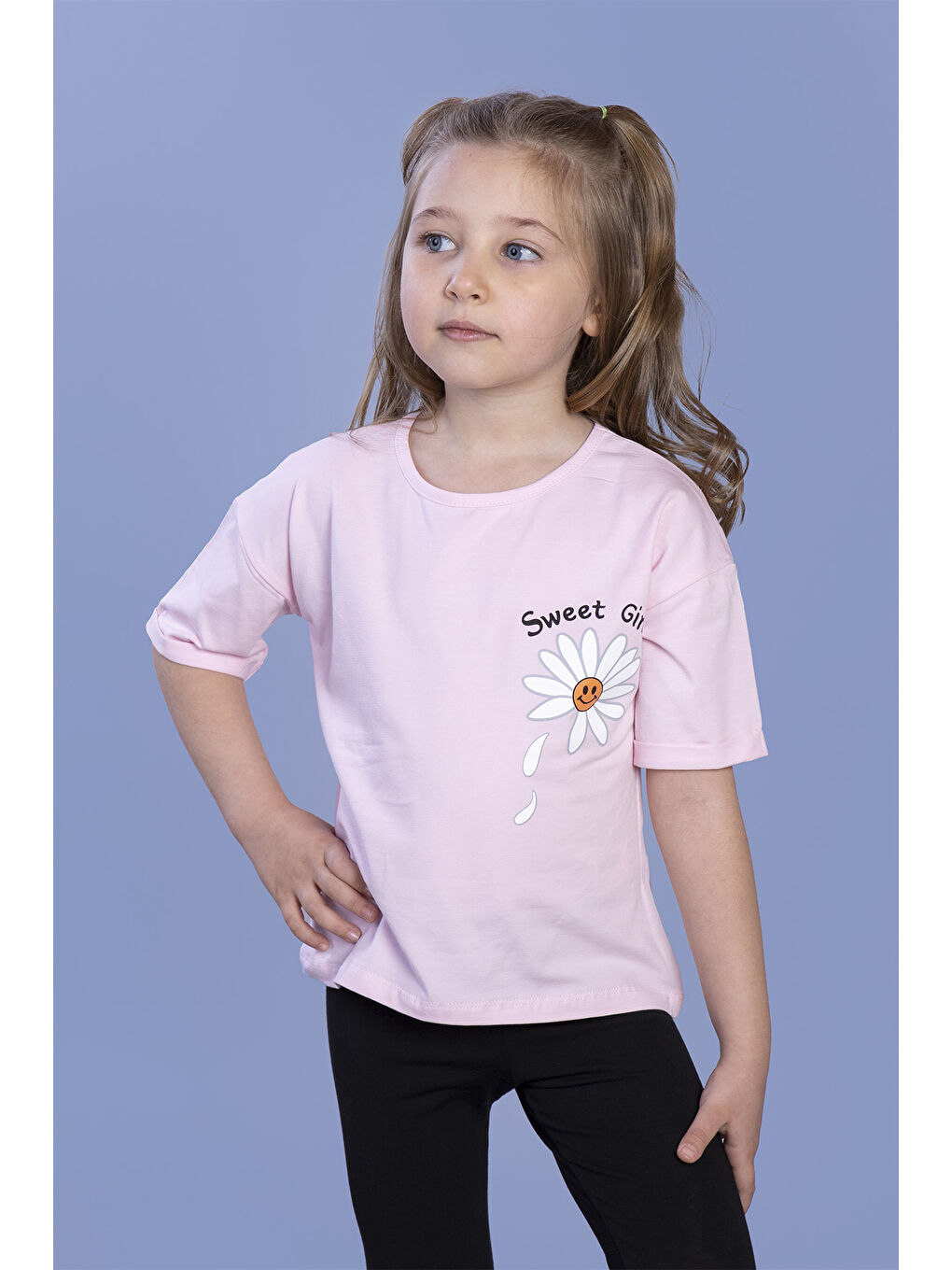 Pembe Kız Çocuk Papatya Desenli Sweet Girls Baskılı Tişört
