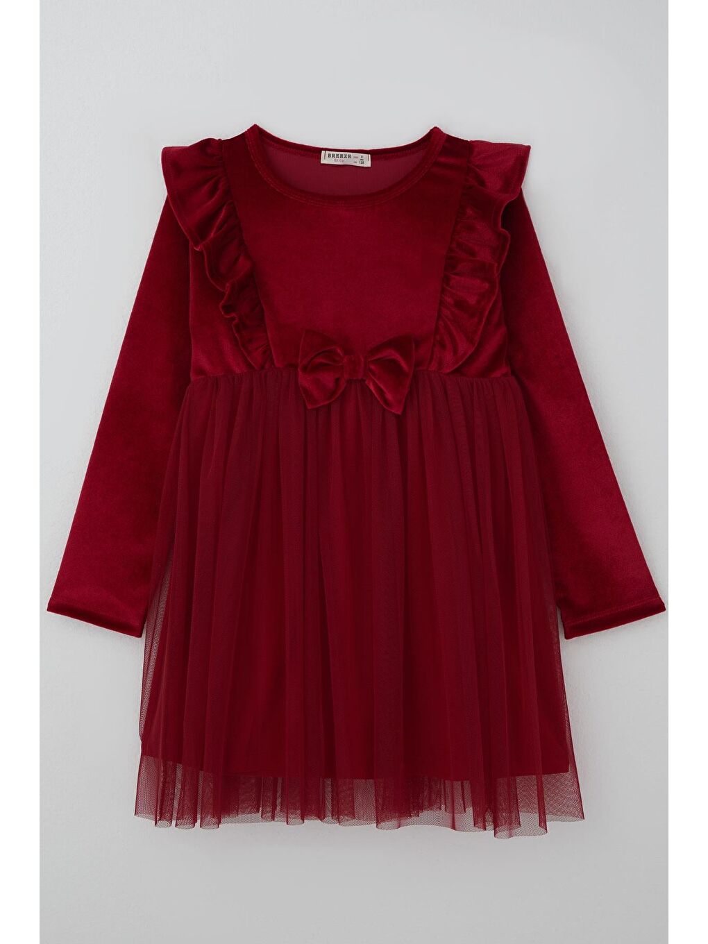 Kız Çocuk Uzun Kollu Kadife Elbise Fiyonk Aksesuarlı Tüllü Fırfırlı Kırmızı (4-8 Yaş)