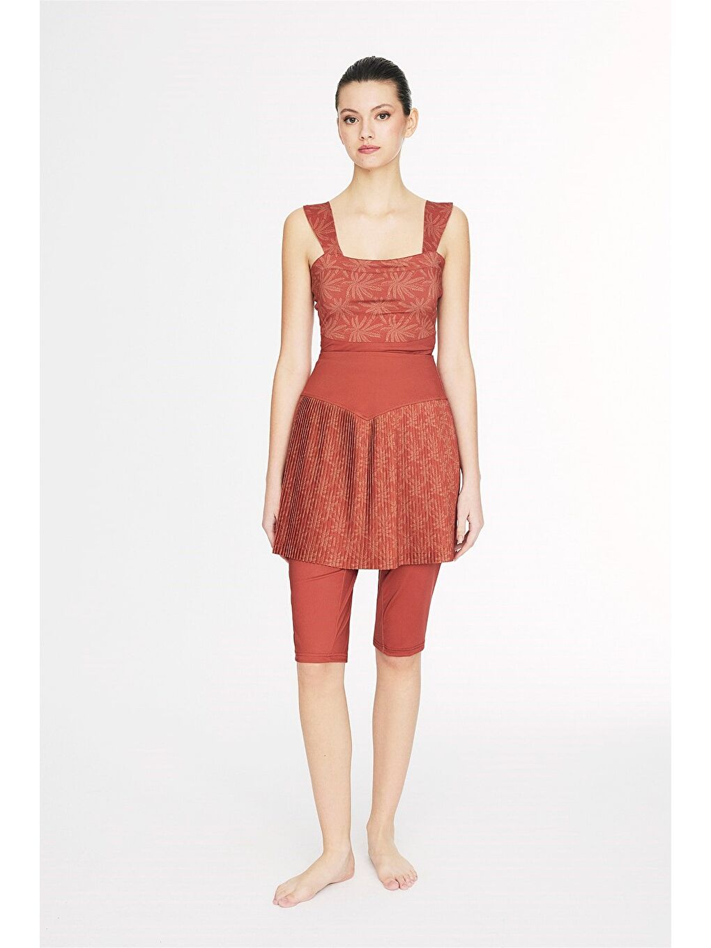 Kahverengi Vaha Koleksiyonu Tulum Ve Etekli Kiremit Renk 3 Parça Yarı Kapalı Mayo Takımı 6031-1