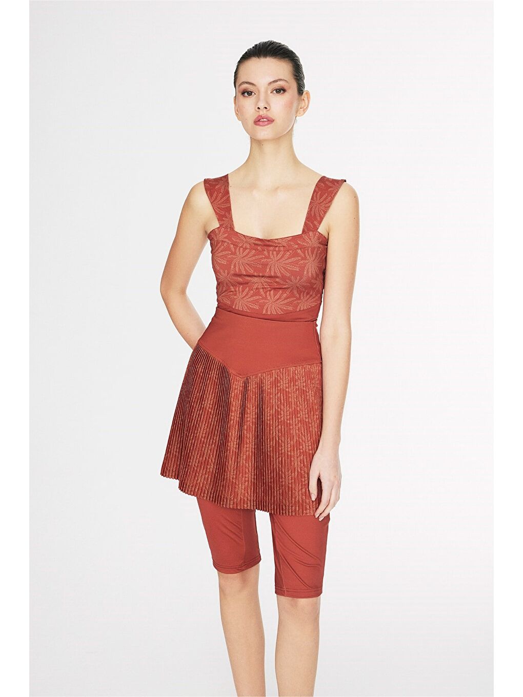 Kahverengi Vaha Koleksiyonu Tulum Ve Etekli Kiremit Renk 3 Parça Yarı Kapalı Mayo Takımı 6031-4