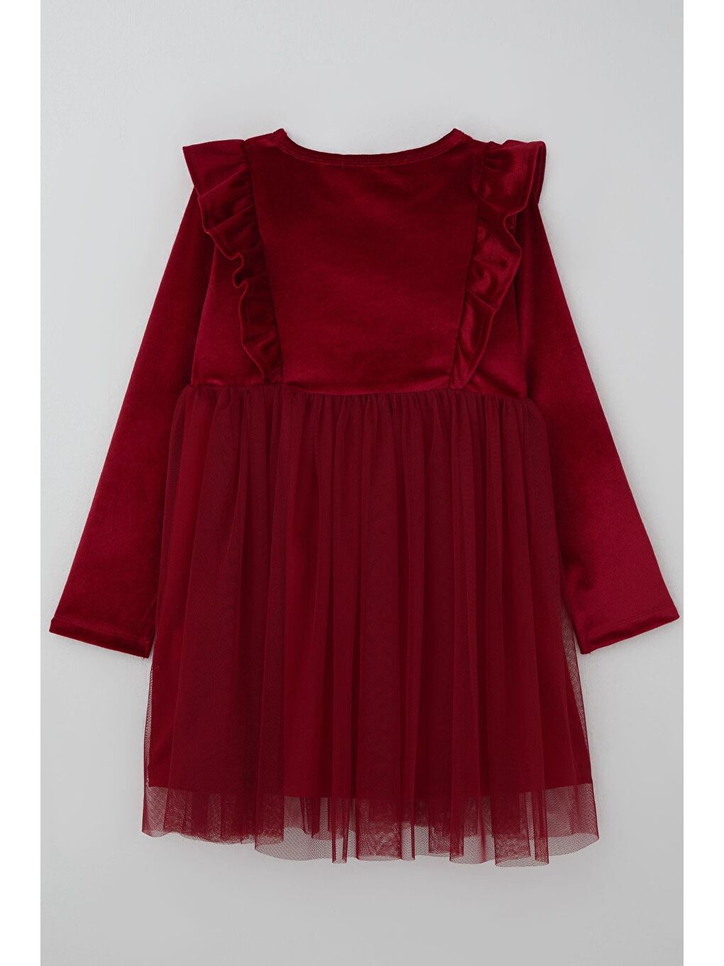 Kız Çocuk Uzun Kollu Kadife Elbise Fiyonk Aksesuarlı Tüllü Fırfırlı Kırmızı (4-8 Yaş)-1