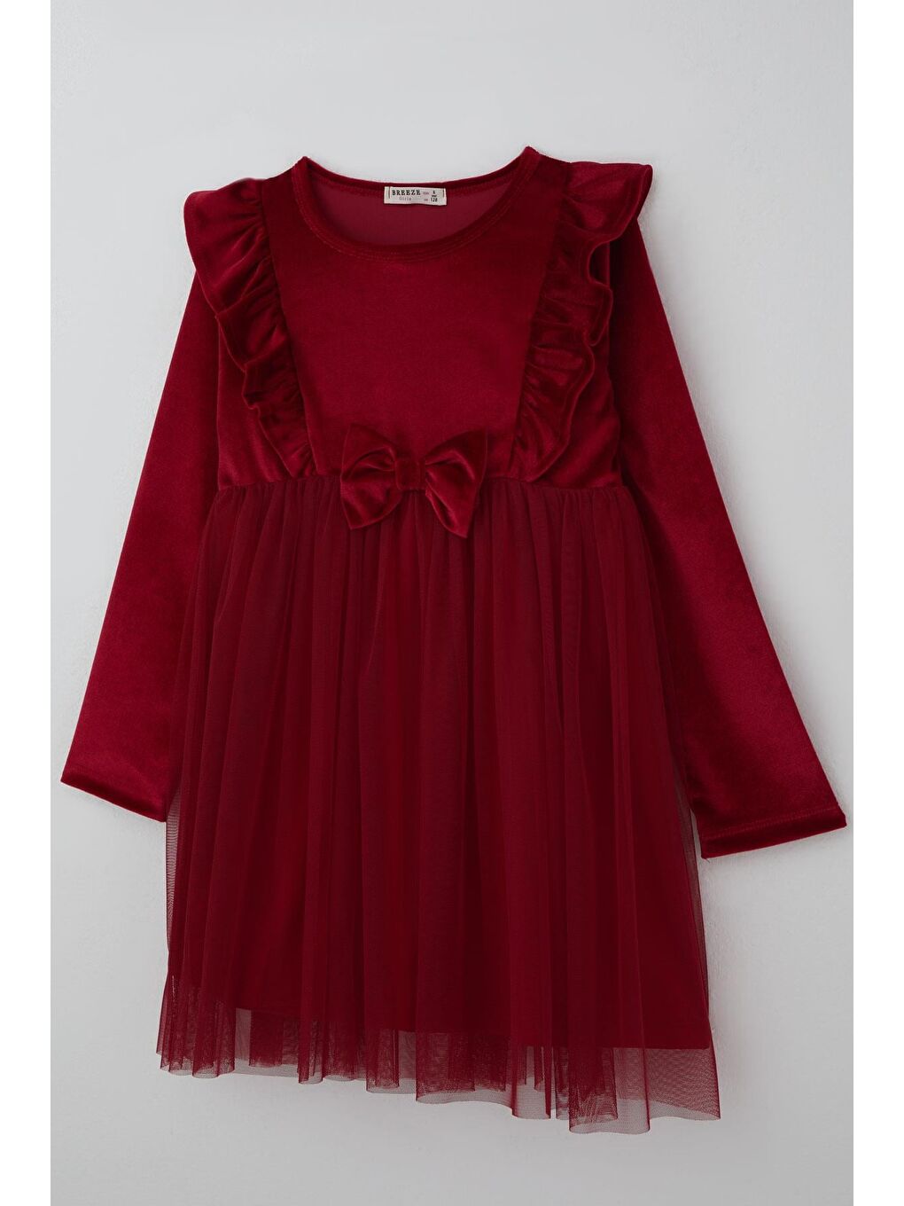 Kız Çocuk Uzun Kollu Kadife Elbise Fiyonk Aksesuarlı Tüllü Fırfırlı Kırmızı (4-8 Yaş)-2