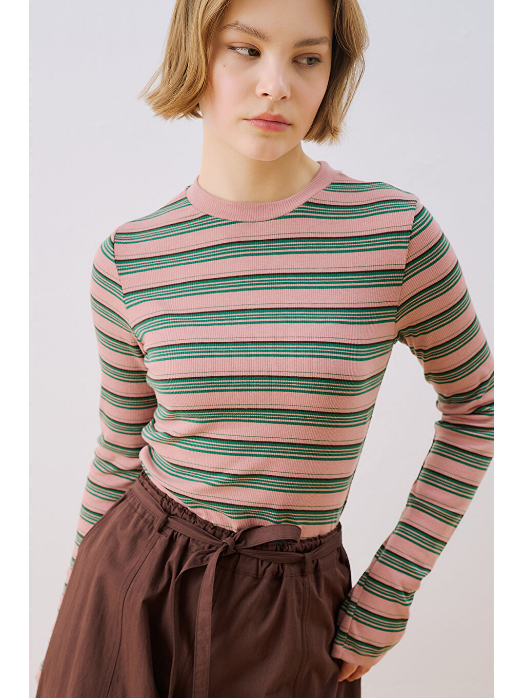 Uzun Kol Çizgili Body Pembe-2