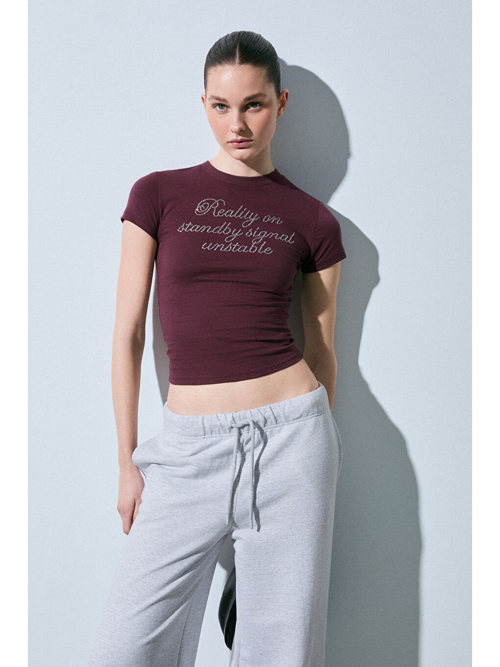 Bordo VANYROSE Kadın Yumuşak Kumaşlı %100 Pamuk Taş Detaylı Slim Fit BORDO T-Shirt-3